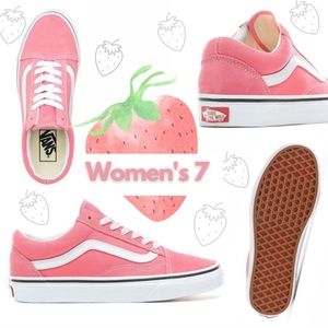 Vans Old Skool 🍓Strawberry Pink Suede Canvas True White Black Stripe Women's 7